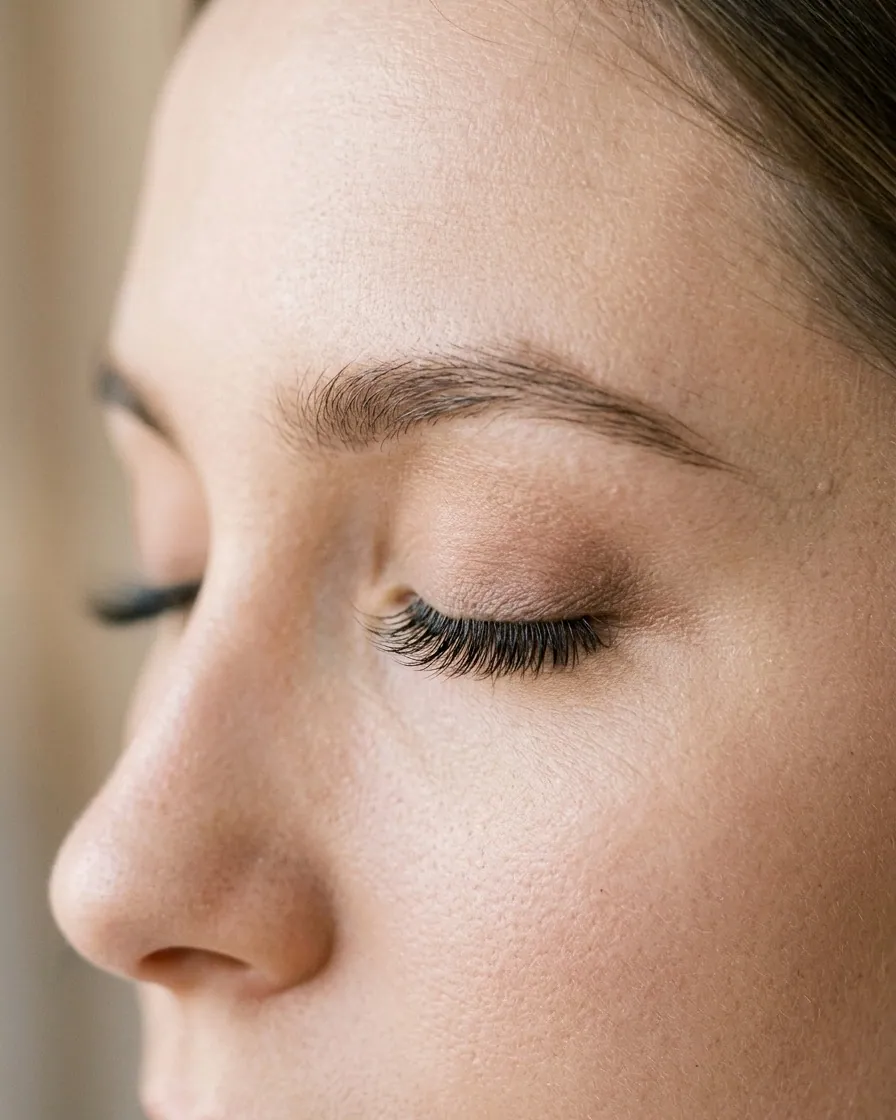 Before and after close-up comparison of natural-looking silk eyelash extensions at Dermalanya in Alanya
