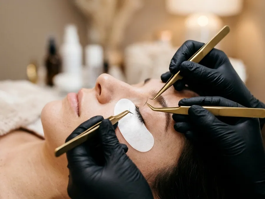 Individual silk eyelash extension application with precision tweezers at Dermalanya Alanya
